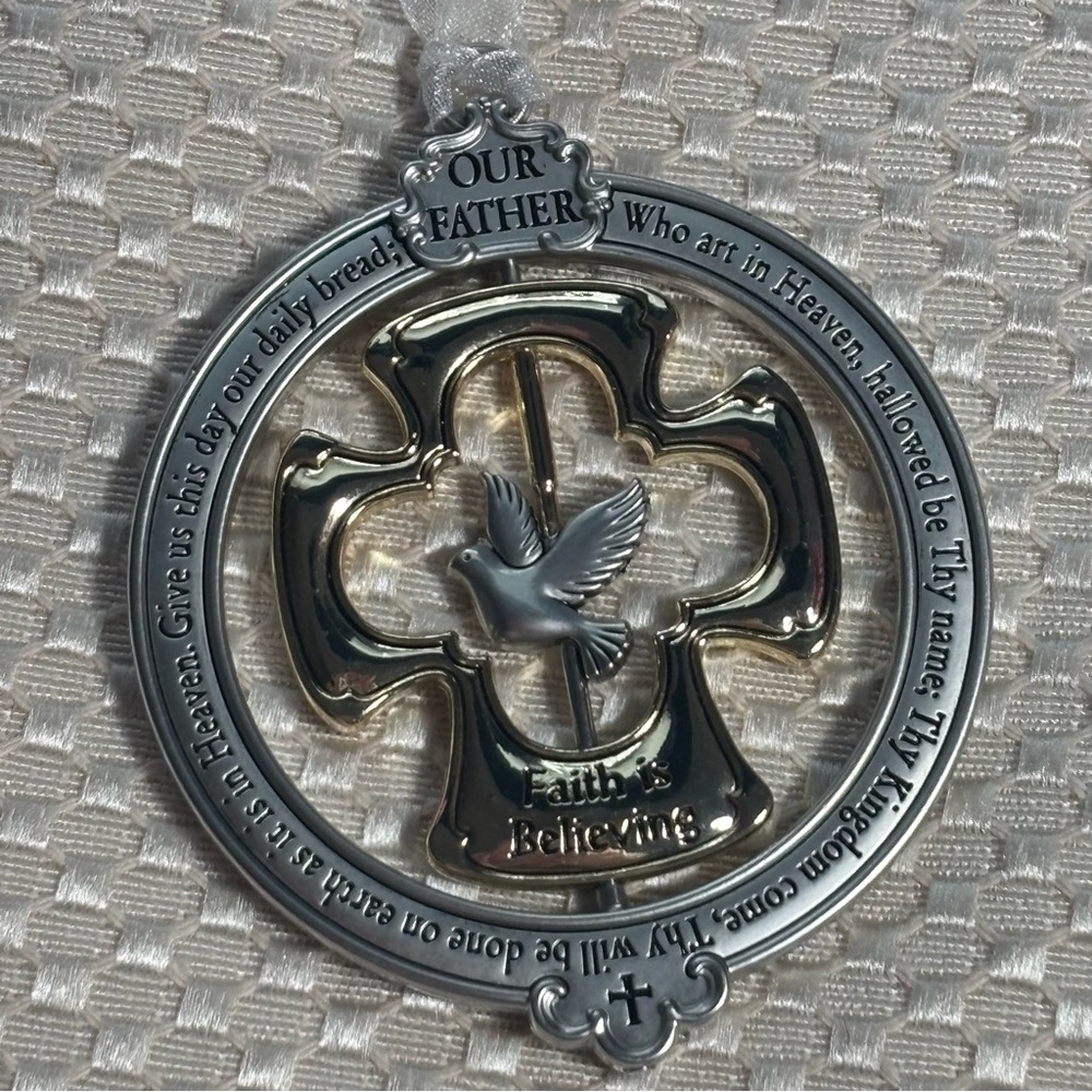 Religious Lord’s Prayer Metal Christmas Ornament with Dove on Ribbon - Picture 3 of 7